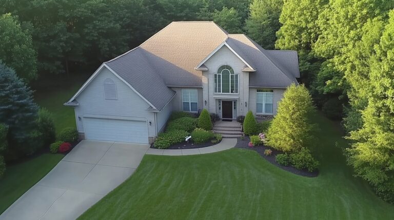 Aerial view of a modern two-story home and its landscaped yard