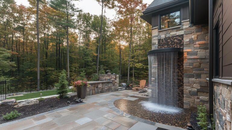 Outdoor shower with wood surround in a wooded backyard
