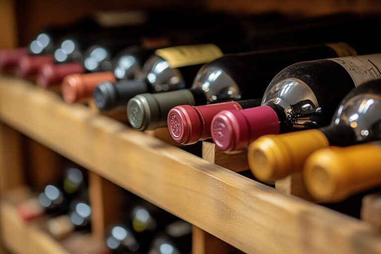 Wine bottles resting in a wooden wine rack