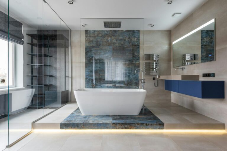 master bathroom with free standing bath