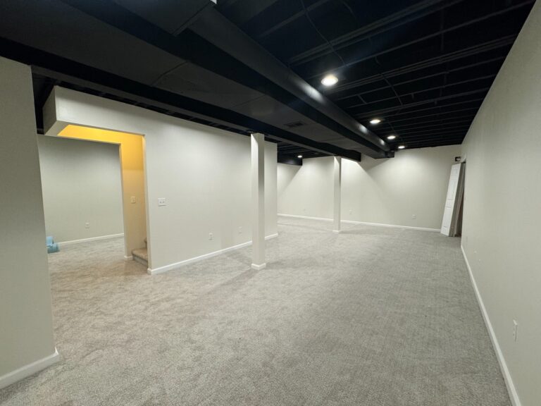 Carpeted finished basement room with fresh white trim
