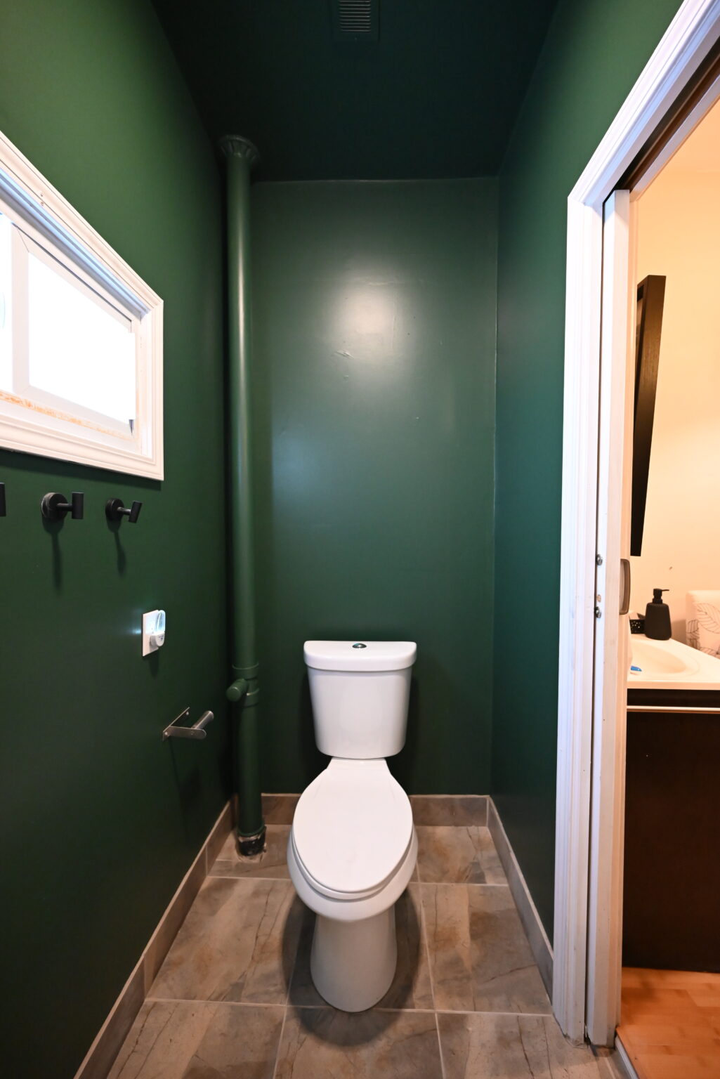 Narrow bathroom with dark green walls, a white toilet, matte black hardware and a door open to the sink area