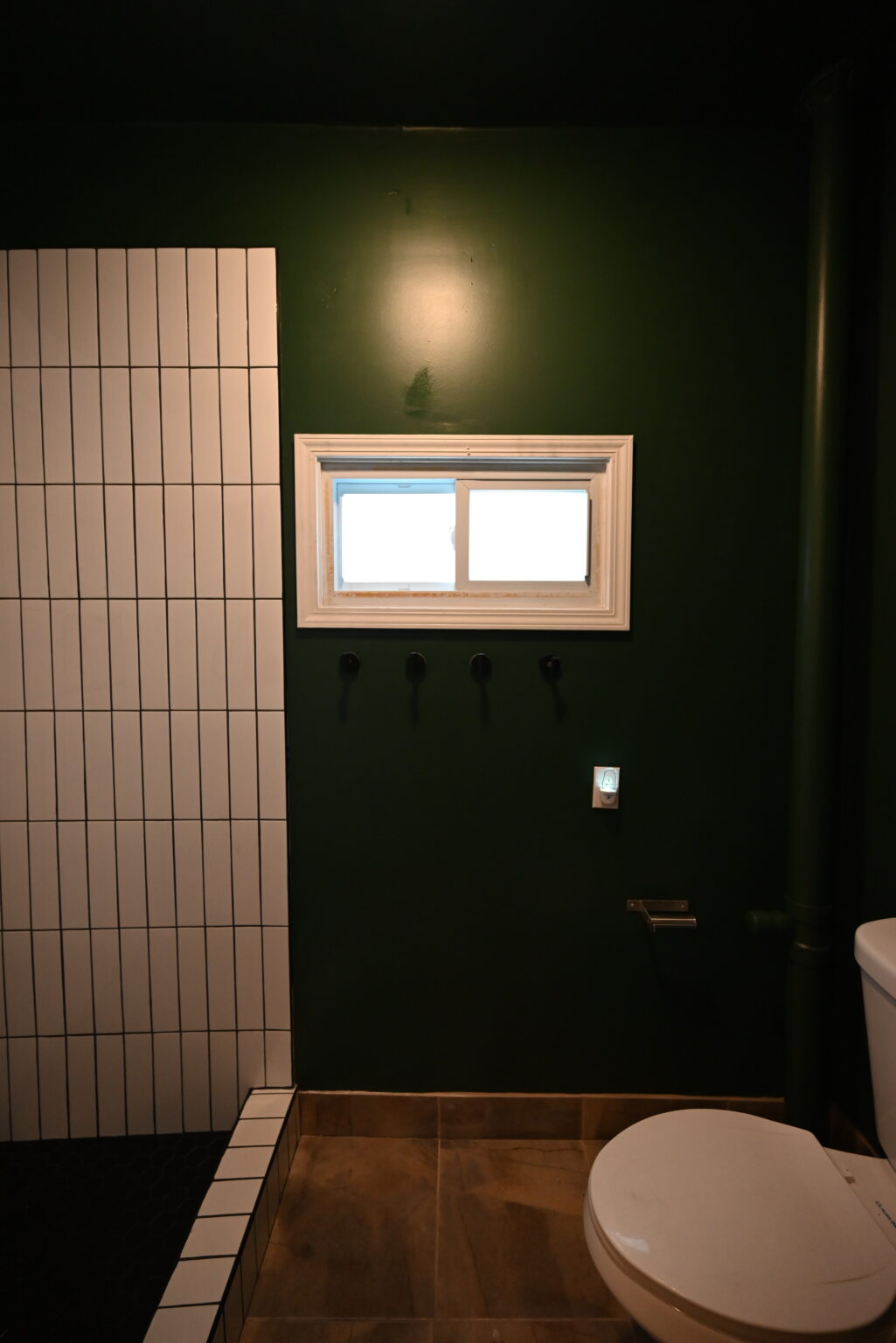 Bathroom with a dark green wall, a white window and the edge of a white vertical tile shower beside the toilet