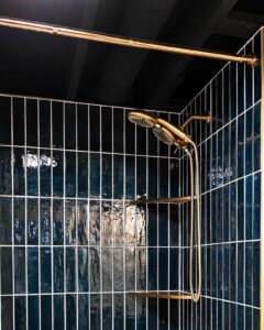 Ann Arbor basement bathroom with navy vertical tile and a brass shower system