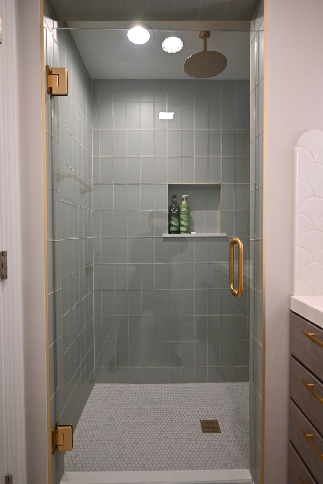 Walk-in shower with gray tile and gold fixtures in the Ann Arbor remodel