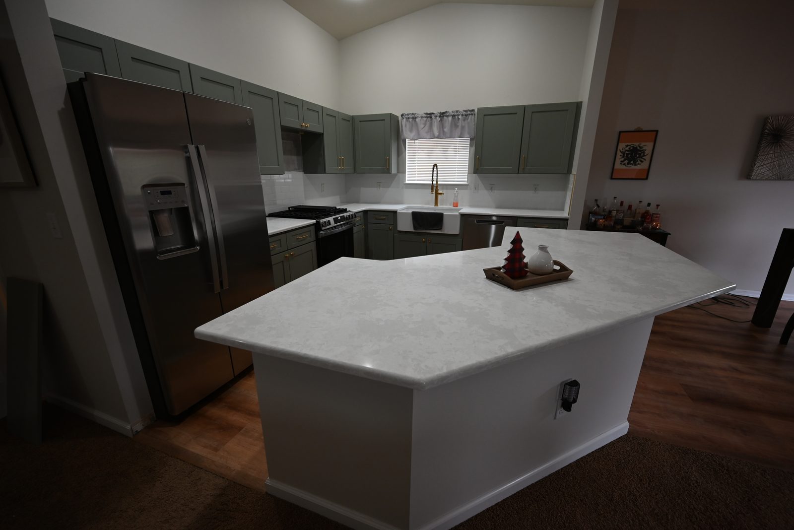 Finished Belleville kitchen remodel showing cabinets, counters and new tile backsplash