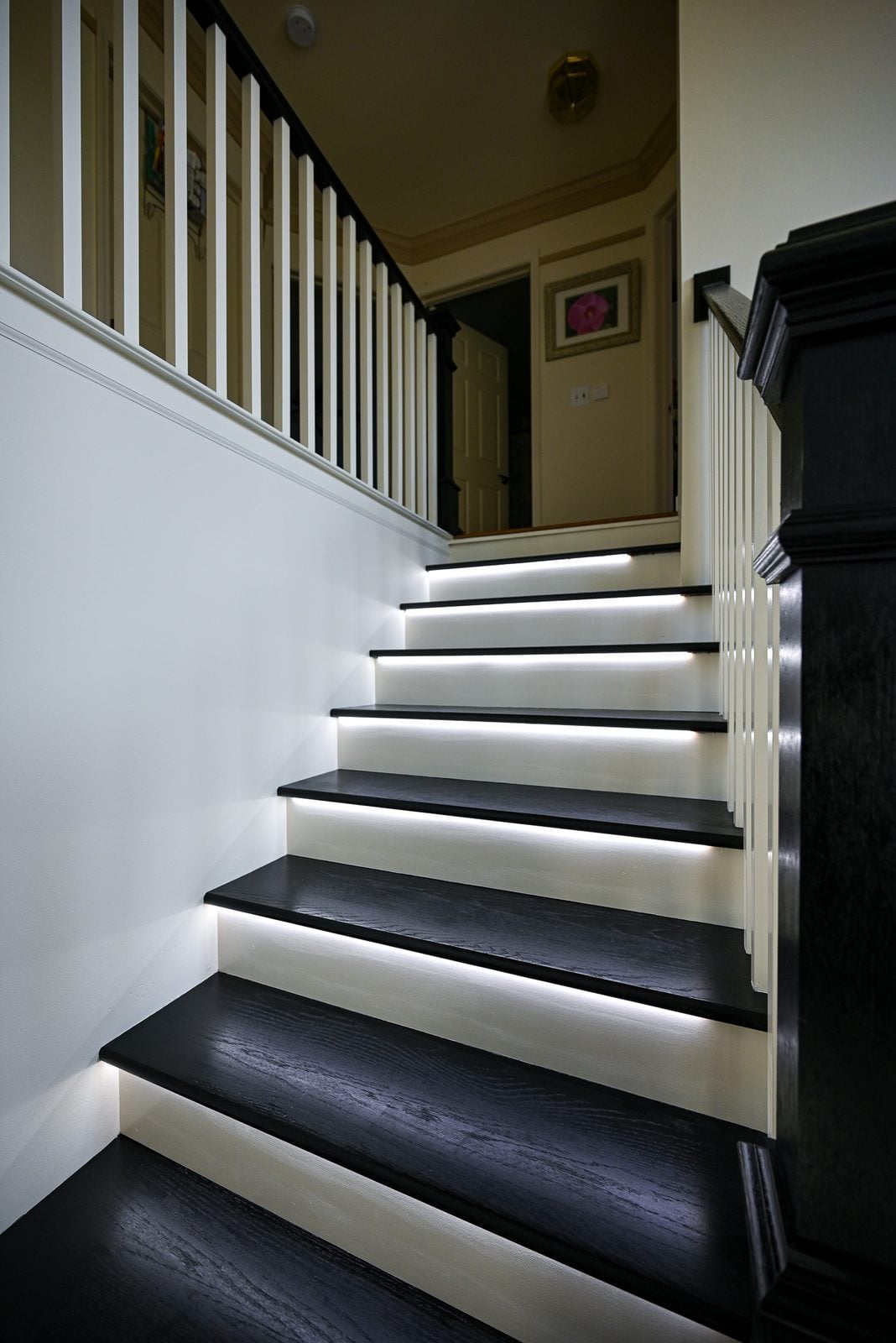Black stained oak stair treads with a continuous LED strip washing light down each cream riser