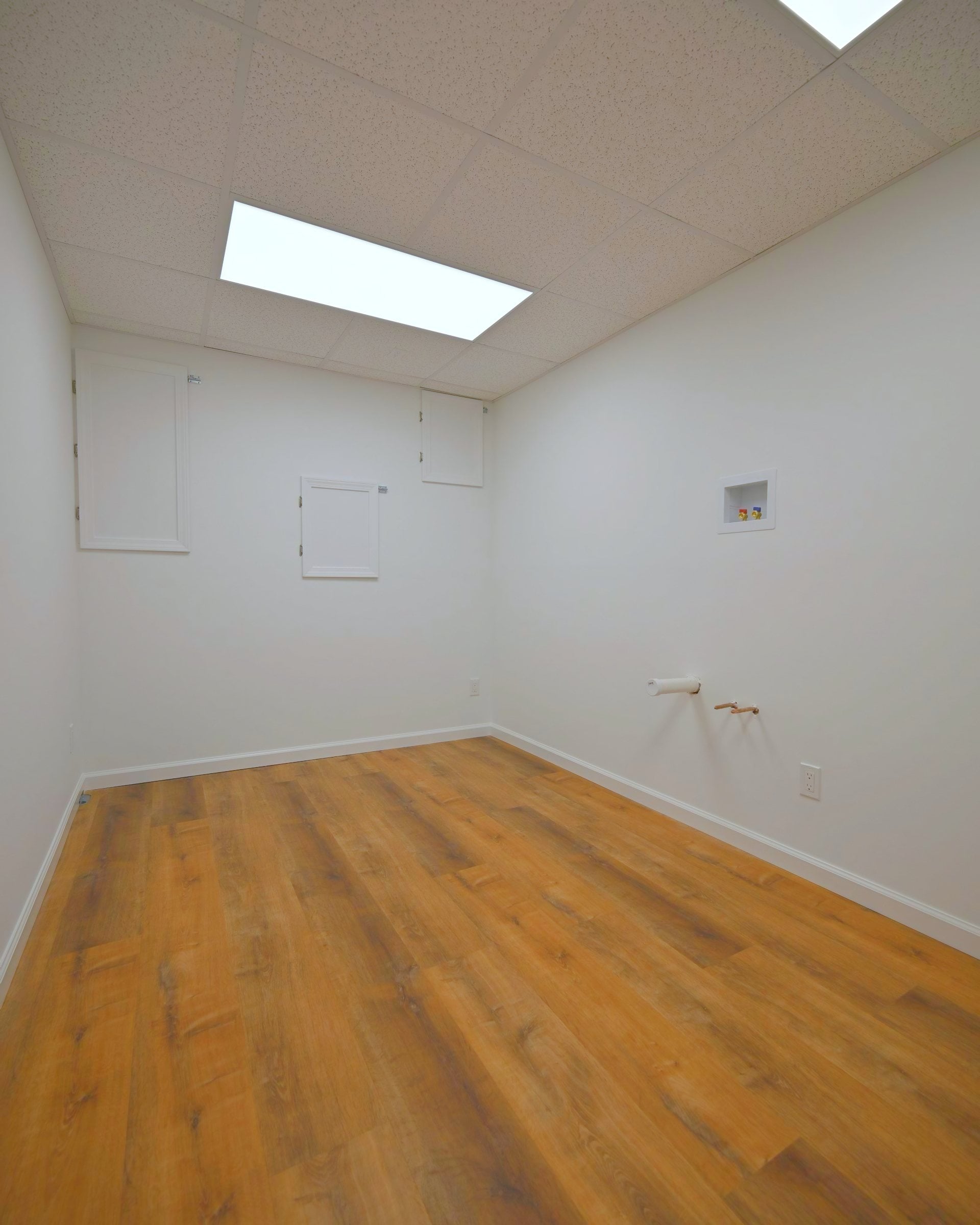 Darkroom wall with three flush access panels, a recessed supply box and a capped plumbing stub below a drop ceiling with LED flat panels