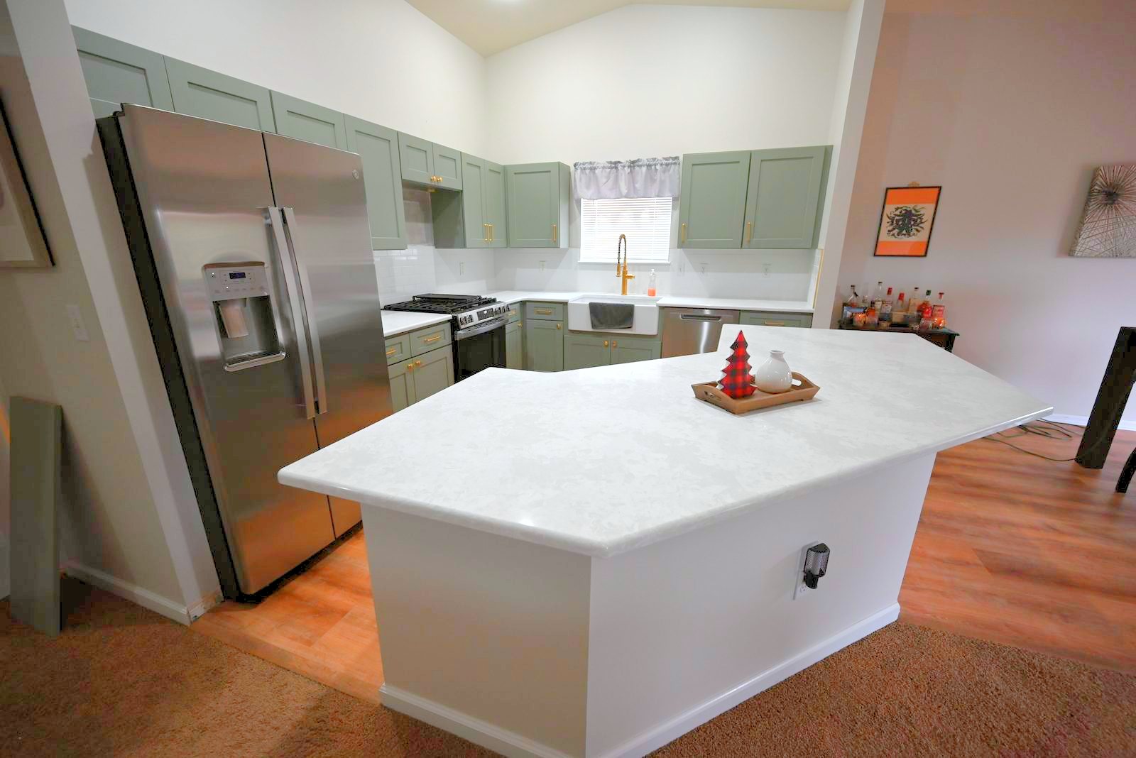 Finished Belleville kitchen remodel showing cabinets, counters and new tile backsplash