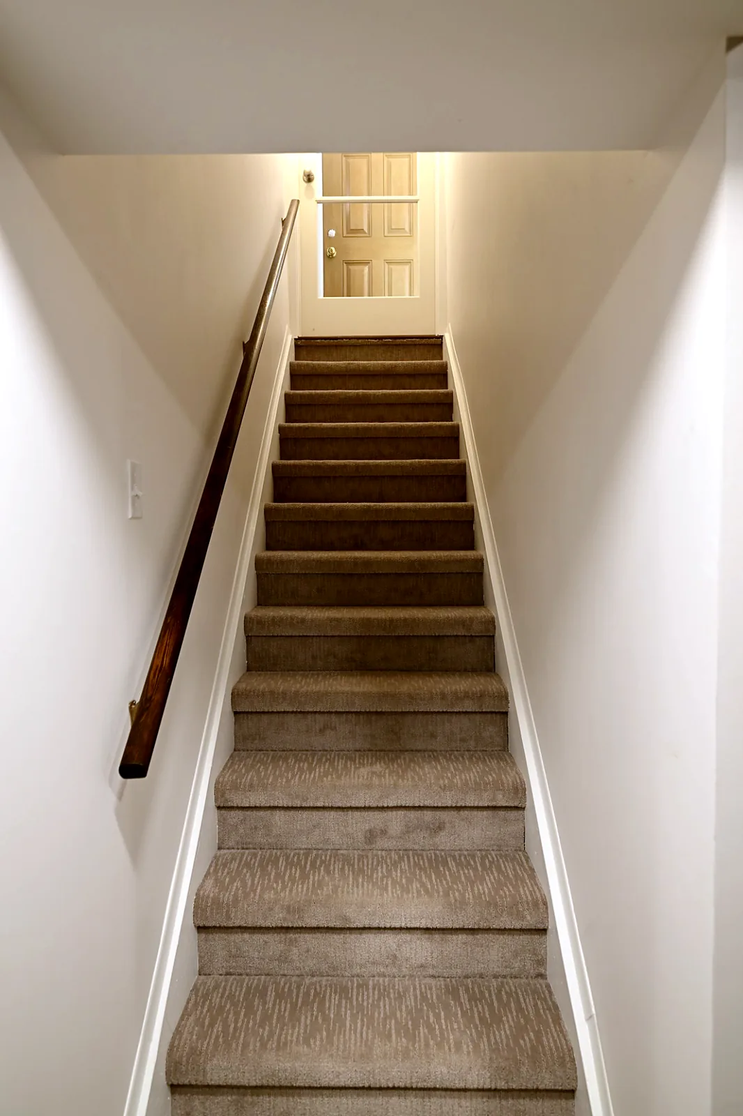 Carpeted basement staircase with a stained wood handrail and fresh white walls leading up to a paneled door