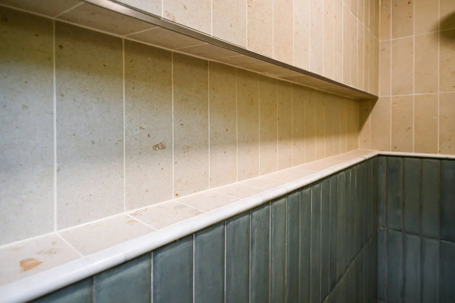 Close detail of the shower ledge where limestone-look tile meets blue glazed tile with a bullnose trim edge