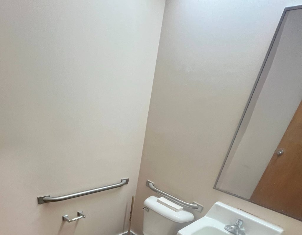 Commercial ADA restroom with stainless grab bars beside the toilet, a wall-hung sink and a mirror
